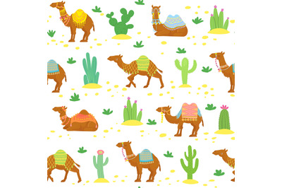 Camel seamless pattern. Cute cartoon desert camels among cactuses. Egy