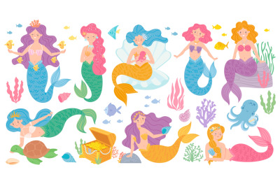 Cute mermaids. Fairytale underwater princess, mythological sea creatur