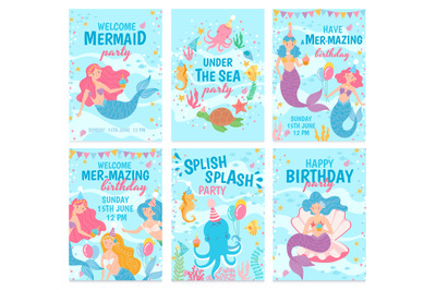 Mermaid cards. Mythical cute princesses and sea creatures underwater w