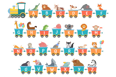 Alphabet train with animals. Cartoon animal illustration in van