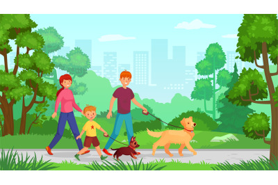 Family walking with dog. Man woman with kid go in park