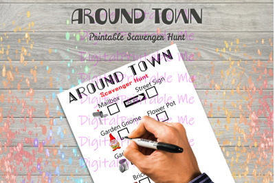 Around Town Scavenger Hunt Printable, Kids Activity, travel game, Down