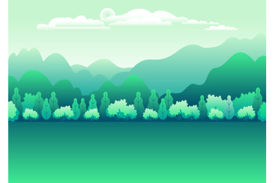 Hills and mountains landscape in flat style design. Green colors