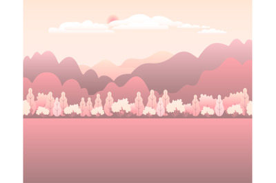 Hills and mountains landscape in flat style design pink pastel colors