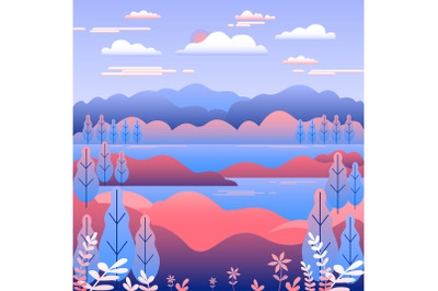 Hills landscape in flat style design Valley with lake river background