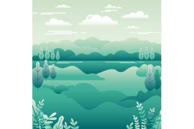 Hills landscape in flat style design. Valley with lake background