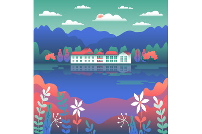 City or village landscape on the river in flat style design. Outdoor