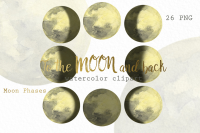 Watercolor moon phases clipart.