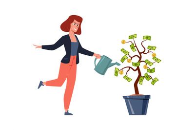 Woman and money tree. Rich person with investement business vector fin