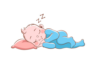 Baby boy sleeping. Cute happy newborn in blue pajamas, isolated cartoo