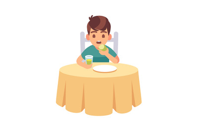 Boy eating. Cute hungry cartoon kid eats tasty dinner or breakfast vec