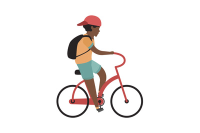 Boy riding bicycle. Happy teenager with helmet rides, isolated vector