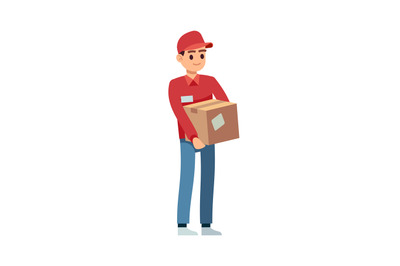 Delivery man with box. Young courier in hat and uniform standing, serv