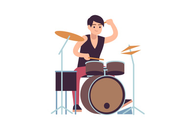 Drummer. Young man playing on drums, vector cartoon rock and pop music