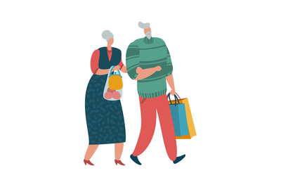 Elderly couple. Old man and woman walking with bags, flat vector shopp