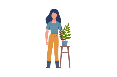 Gardener with plant. Woman holding flowers, agricultural worker vector