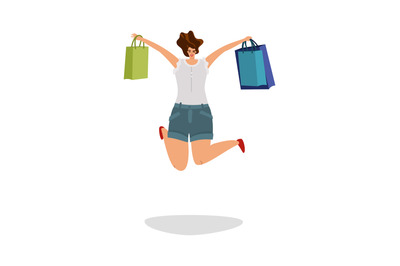 Happy shopper. Young woman jumping with gift bags from store, isolated