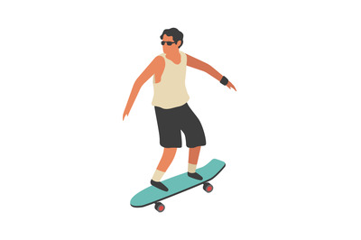 Man rides skateboard. Happy young guy skateboarding flat vector street