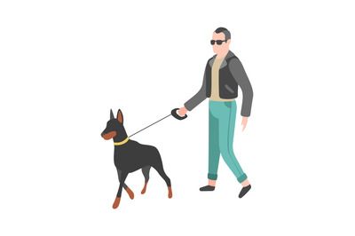 Man walking dog. Happy person walks and plays his pet, flat vector cha