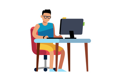 Man working at home. Person in shorts sitting at computer, isolated ve