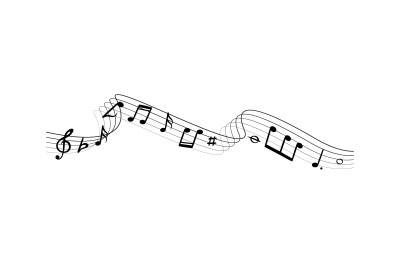 Music notes silhouettes. Musical swirl waves composition with lines ve