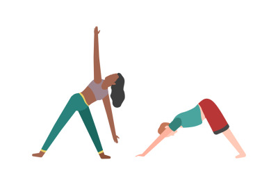 People doing fitness or yoga. Woman and man do exercises flat vector i