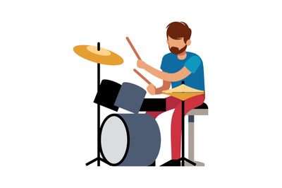 Playing drummer. Professional young man plays musical drums vector car