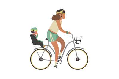 Woman and child on bicycle. Young happy mother with baby riding vector