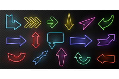 Neon arrows. Lighting with bright design signs, glowing vintage arrow