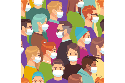 Coronavirus. People in medical mask vector crowd seamless pattern or b