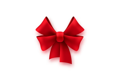 Gift silk red bow. Shiny textile decoration on present for birthday or