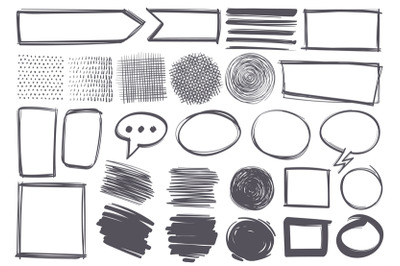 Doodle shapes. Pencil sketch textures and arrows, speech bubbles, bord