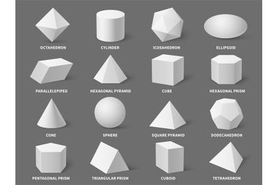 Geometric 3d shapes. Realistic white basic geometry form sphere and py