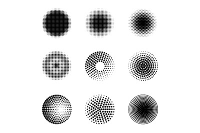 Radial halftone. Different gradient circles, halftone dots graphic dig