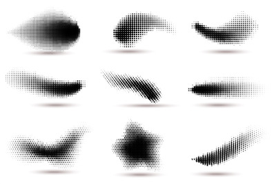 Halftone shapes. Curved dotted spots with halftone circle dot gradient