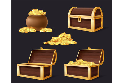 Chest with golden coins. Chest, bag and stack with gold, closed and op