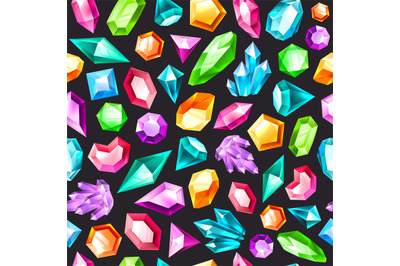 Gem seamless pattern. Gemstones amethyst, topaz and quartz. Diamonds a