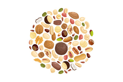 Nuts background. Various nuts in circle form. Peanut, hazelnut and pis