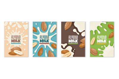 Almond milk. Dairies package design template, diet product advertising