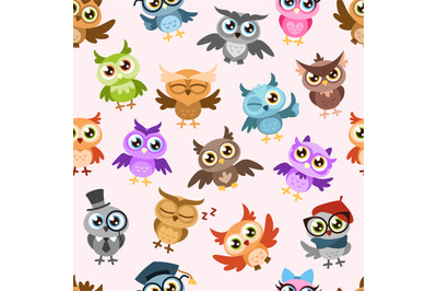 Owls seamless pattern. Colorful cute wise owl, joyful forest birds cut