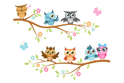 Owls on a branch. Colorful cute friends owls sitting on branches, joyf