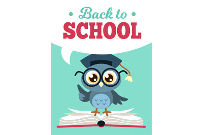 Back to school owl. Wise owl in graduate cap with books, learning educ