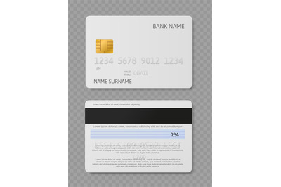 White credit card. Realistic plastic cards with chip front and back vi