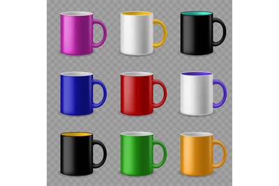 Color cups. Ceramic colorful cup template for different drinks, brandi