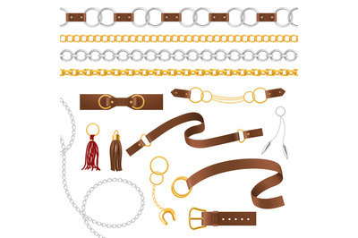 Belt elements. Metal chains, pendant and braid, leather belts with buc