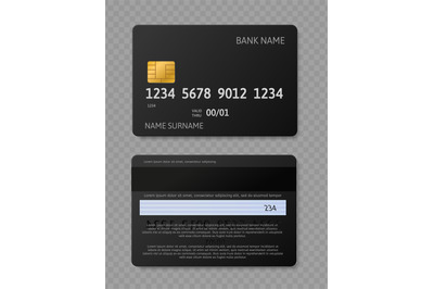 Black credit card. Realistic credit debit cards with chip&2C; front and b