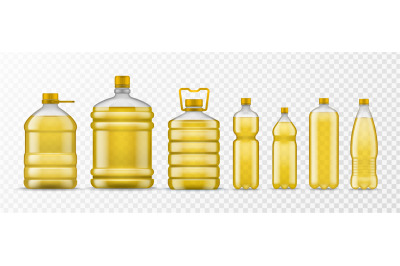 Vegetable oil bottle. Different packaging plastic bottles with yellow