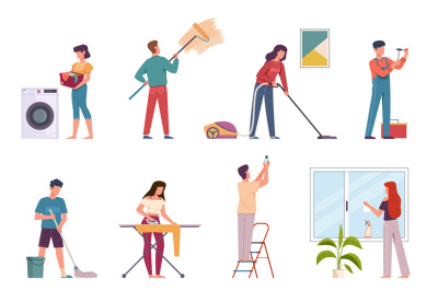 People cleaning. Housework cleaning company service, men and women doi