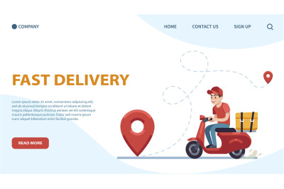 Delivery landing page. Courier, guy on moped against backdrop of citys