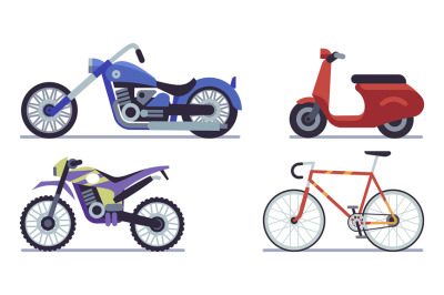 Set of moto bike. Bicycle, scooter, cross bike and chopper vector illu